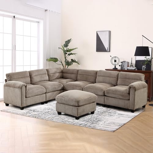 Grey Corduroy L Shaped 6 Seater Sectional Sofa Set Q89745
