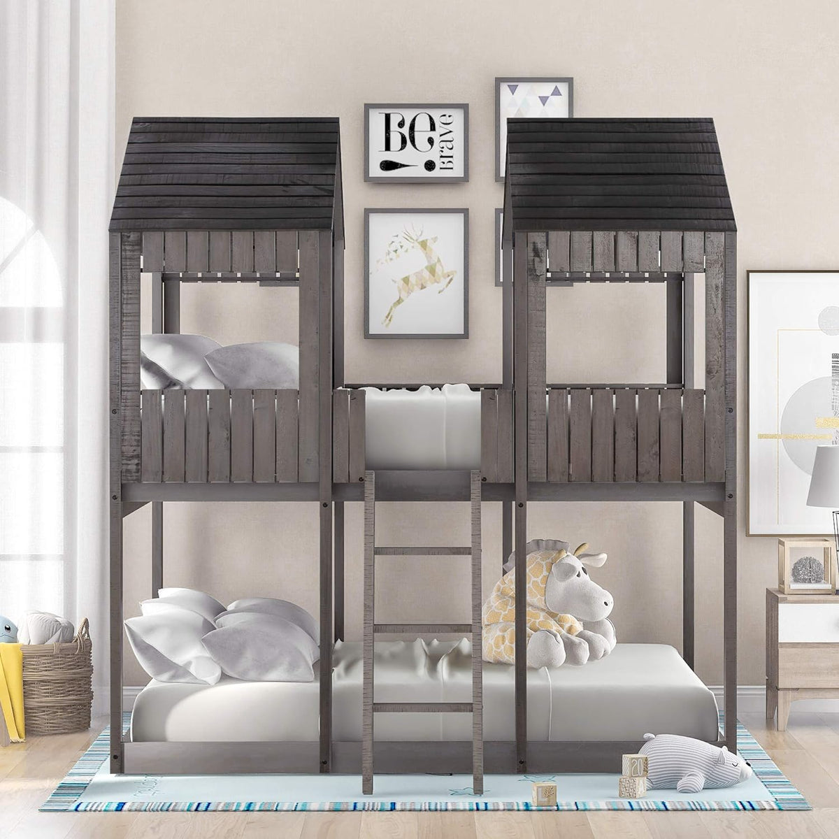 Antique Gray Full Over Full Wooden Bunk Bed U87953
