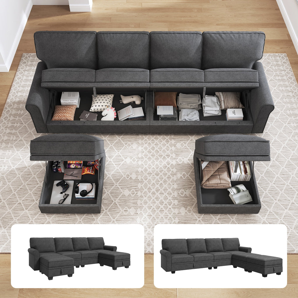 Dark Grey U-Shaped Sectional Sofa with Ottomans E39227