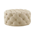 Beige Linen Tufted Round Cocktail Ottoman O9635