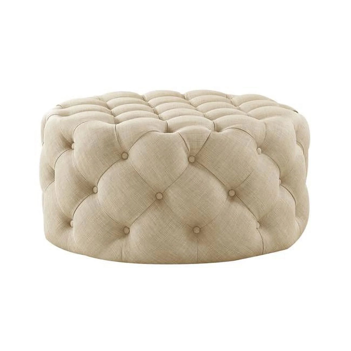Beige Linen Tufted Round Cocktail Ottoman O9635