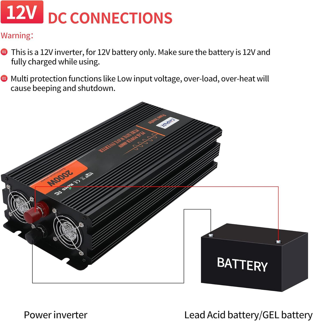 2000W Pure Sine Wave Power Inverter DC 12V to AC 120V with LCD Display Remote Control USB Port V4725