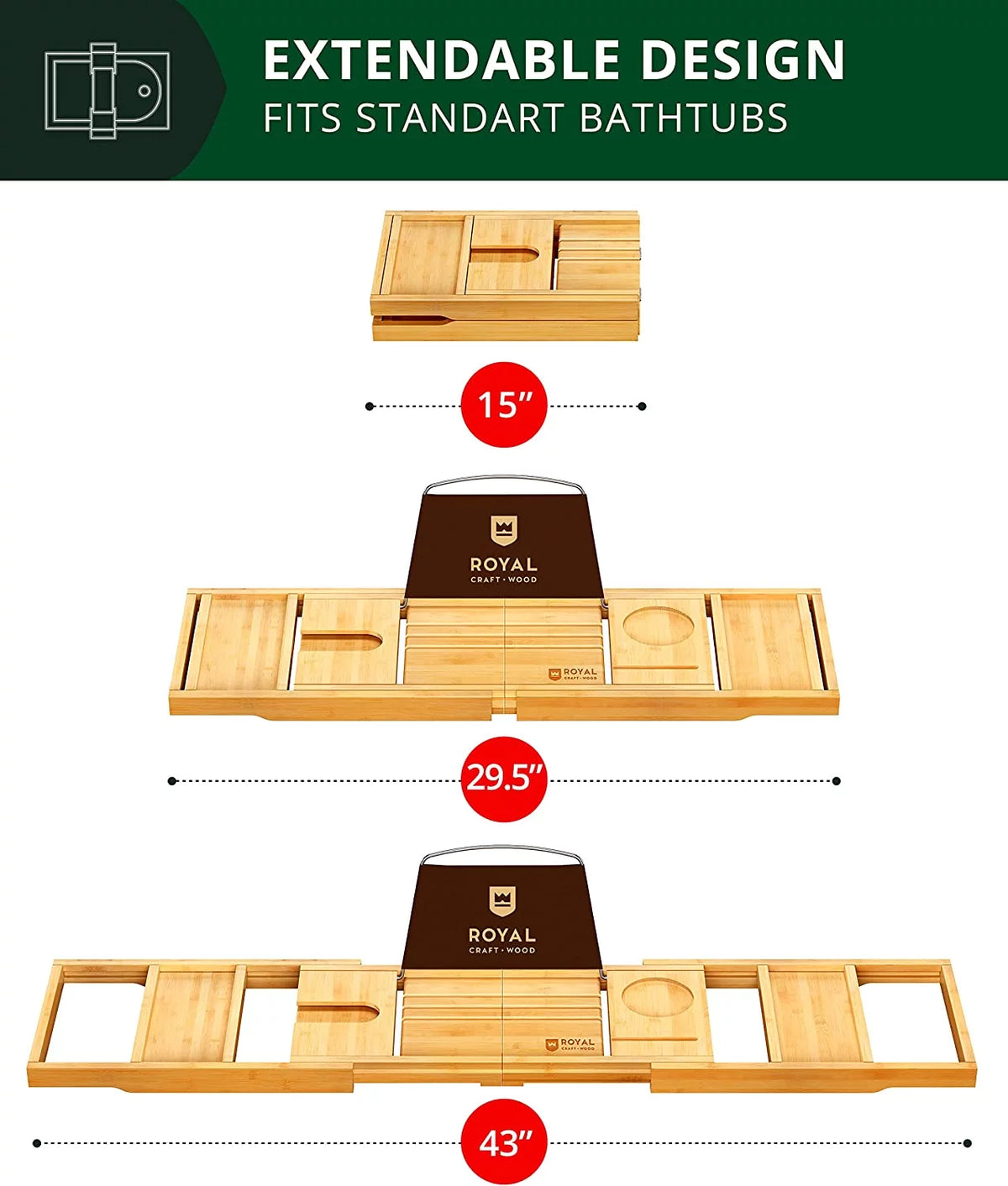Foldable Bamboo Bathtub Caddy Tray with Extending Sides L843024