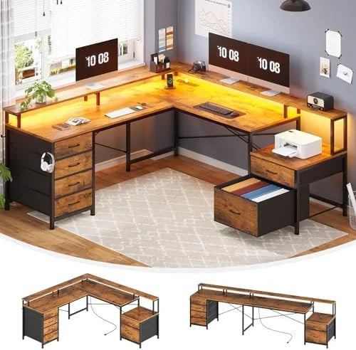 L Shaped Desk with 6 Drawer and File Cabinet L28209