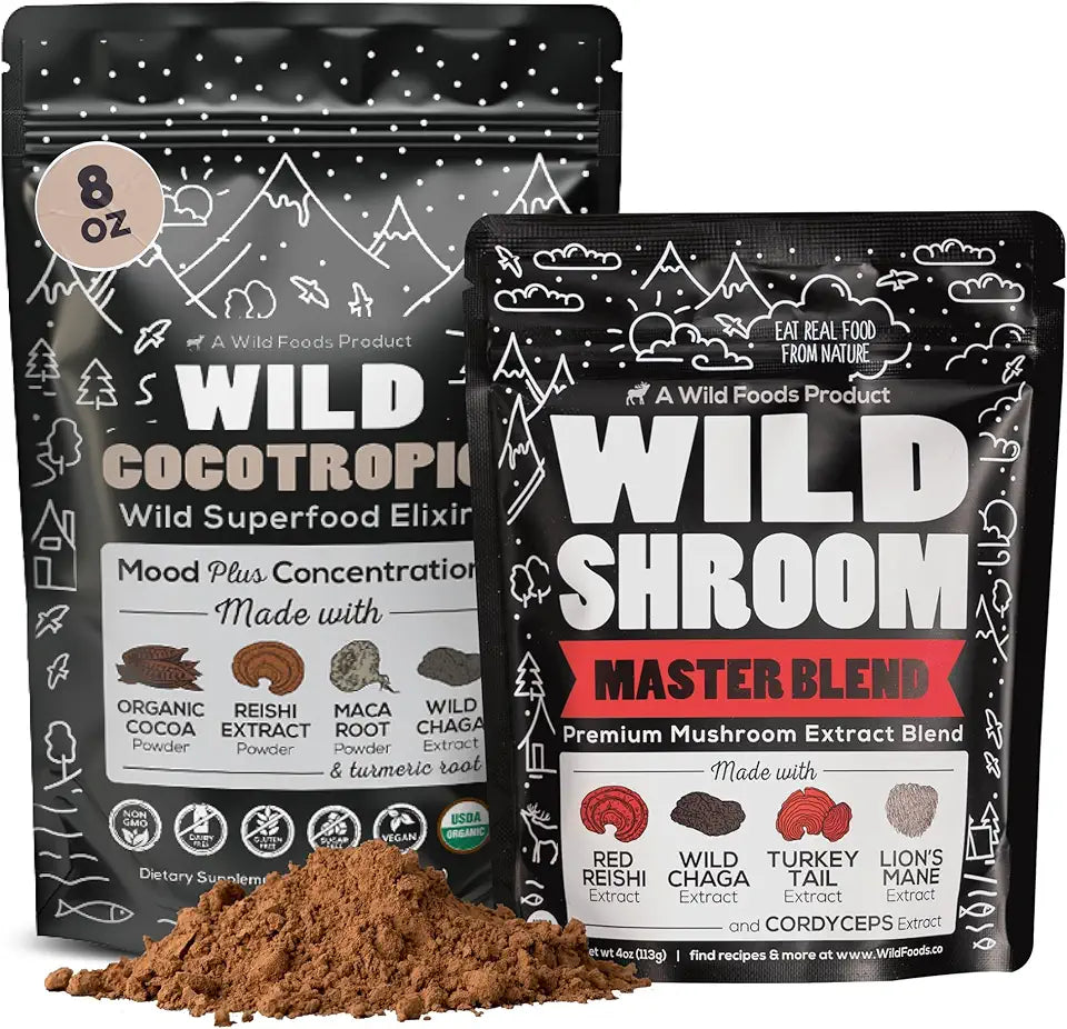 Organic Mushroom Cacao Mix 8oz & Mushroom Blend 4oz Bundle W385