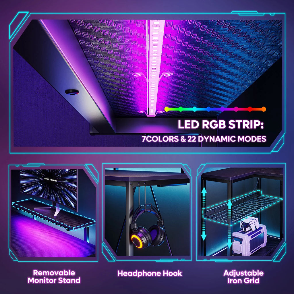 52" L Shaped Gaming Desk with LED Lights and Power Outlet Z8357