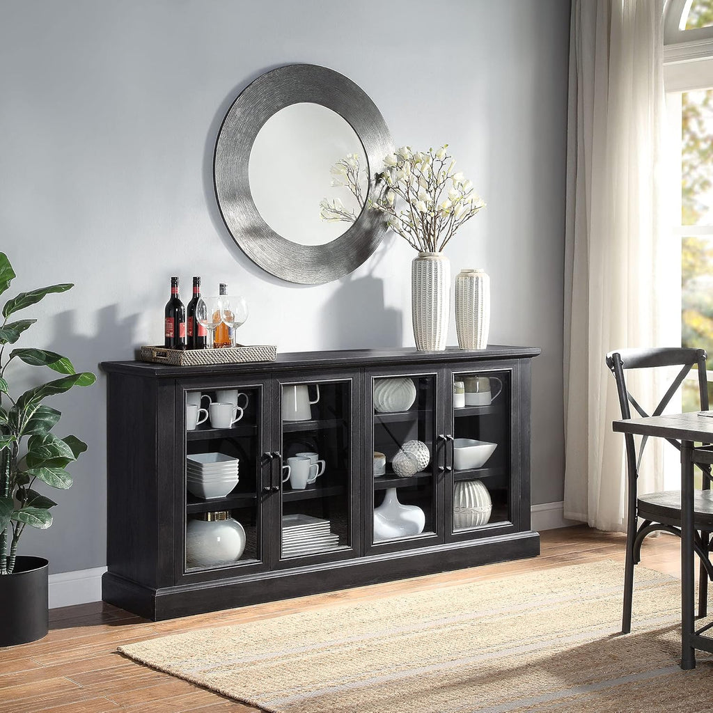 Rustic Grey Wood Sideboard Buffet with Storage Cabinet, Glass Doors, and Adjustable Shelves J691