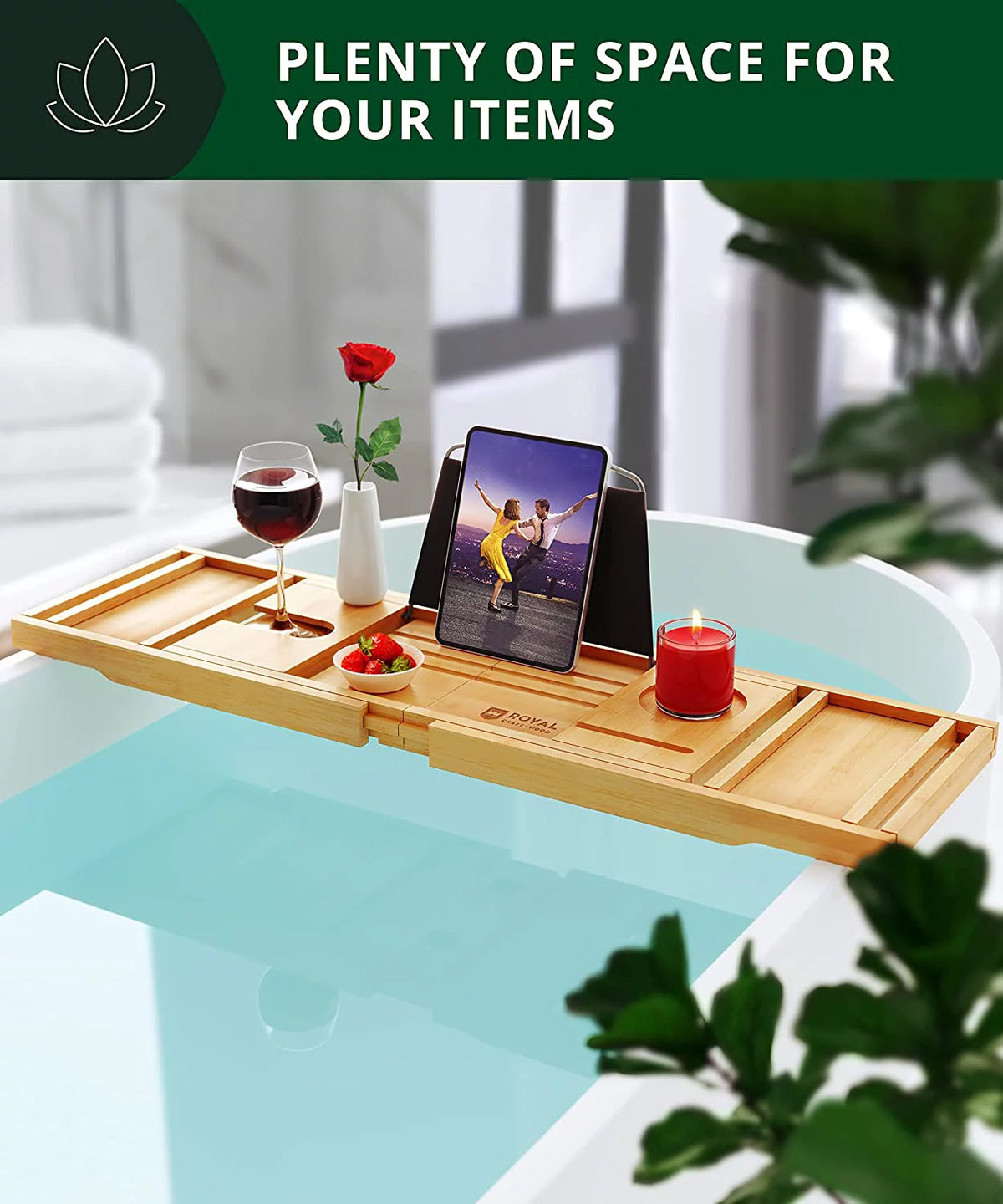Foldable Bamboo Bathtub Caddy Tray with Extending Sides L843024