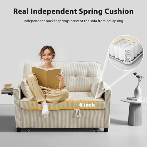 Beige Corduroy Convertible Pull Out Couch with USB Port Y4463