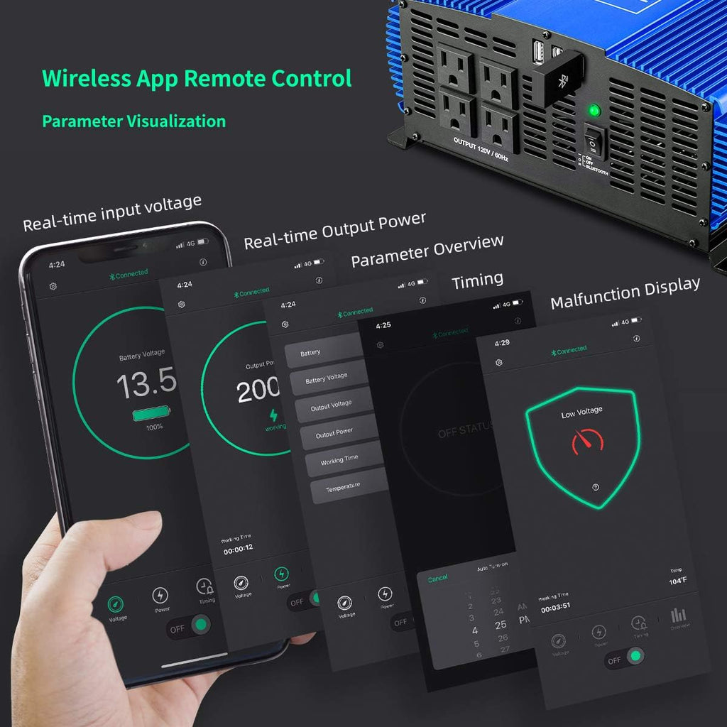 3000W Pure Sine Wave Power Inverter 12V DC to 110V AC Car Inverter with Bluetooth 4 AC Outlets 2 USB Ports X74395