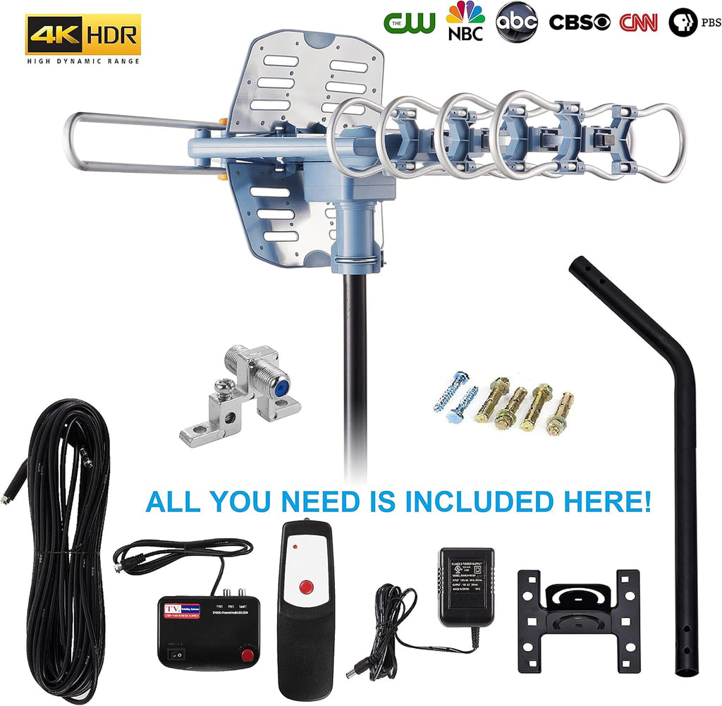 Outdoor TV Antenna with Mount Pole 4K/1080p Reception, 40feet RG6 Coaxial Cable, 360 Degree Rotation Wireless Remote, 2 TVs Function Z3102