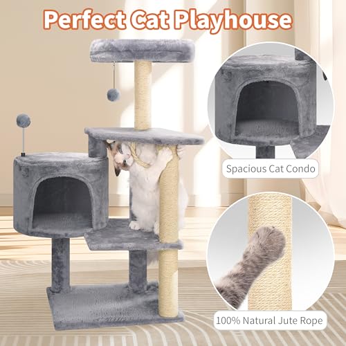 Multifunctional Grey Cat Tree with Condo, Perches, Scratching Posts and Hanging Rope P711065