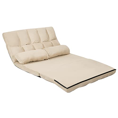 Blue Floor Sofa with 2 Pillows, Foldable 6-Position Adjustable Metal Frame Suede Fabric W423339