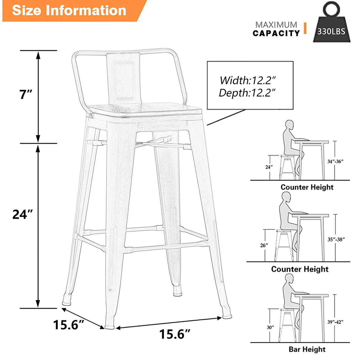 Metal Bar Stools Set of 4 24" Silver Wood Top Low Back X217650