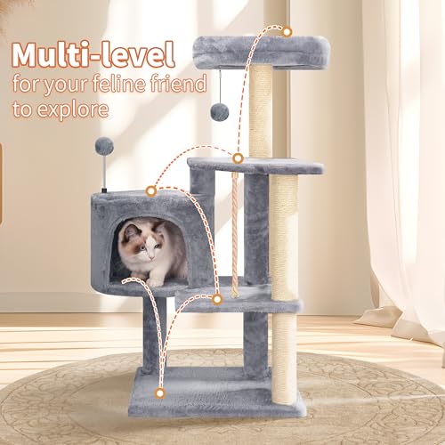 Multifunctional Grey Cat Tree with Condo, Perches, Scratching Posts and Hanging Rope P711065