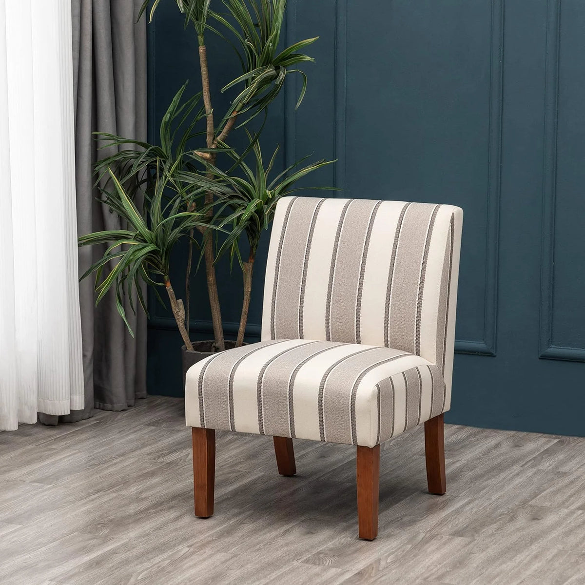 Brown And White Stripe Fabric Armless Accent Chair With Wood Legs Z20735