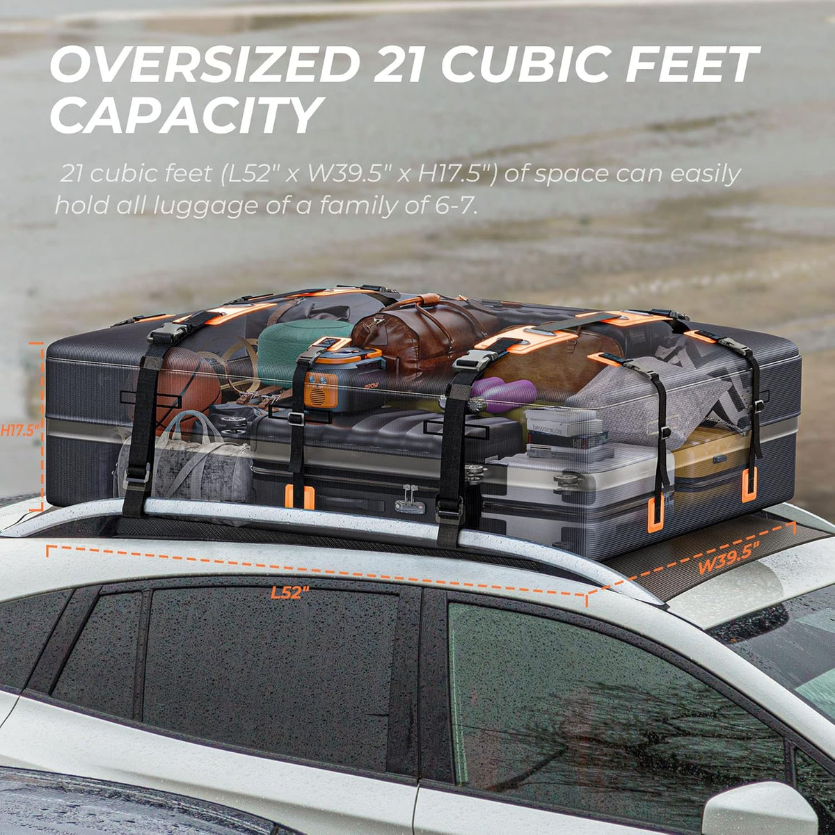 Car Rooftop Bag, 21 Cubic, 100% Waterproof, Rooftop Cargo Carrier with 10 Straps + 4 Door Hooks + Anti-Slip Mat + Storage Bag R673