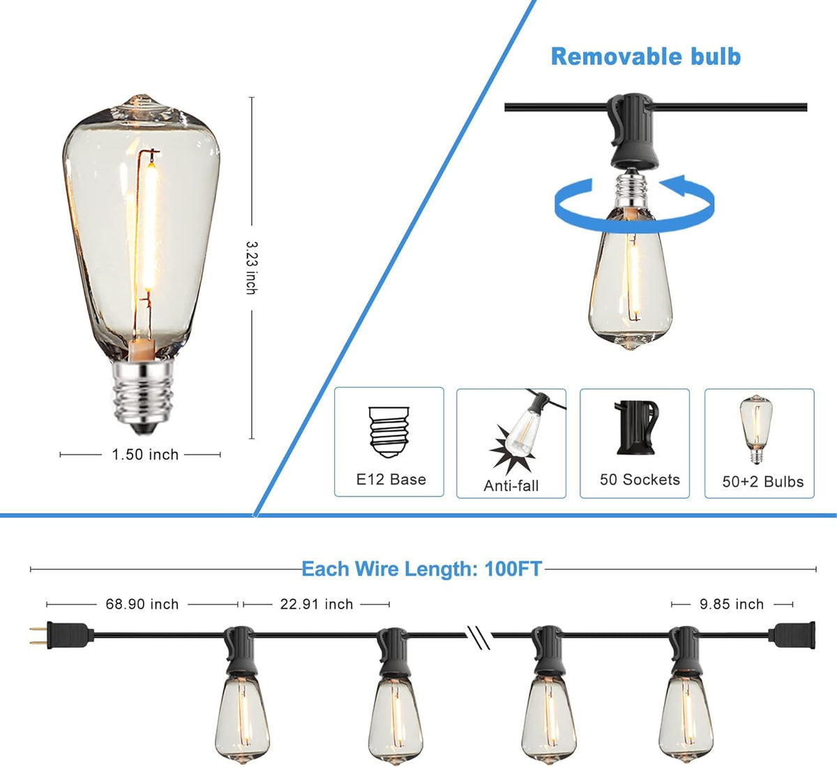 100Ft Weatherproof Dimmable LED String Lights D72526