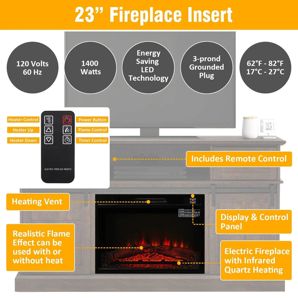 Gray Fireplace TV Stand with 23" Electric Fireplace and Storage Cabinet Y2595