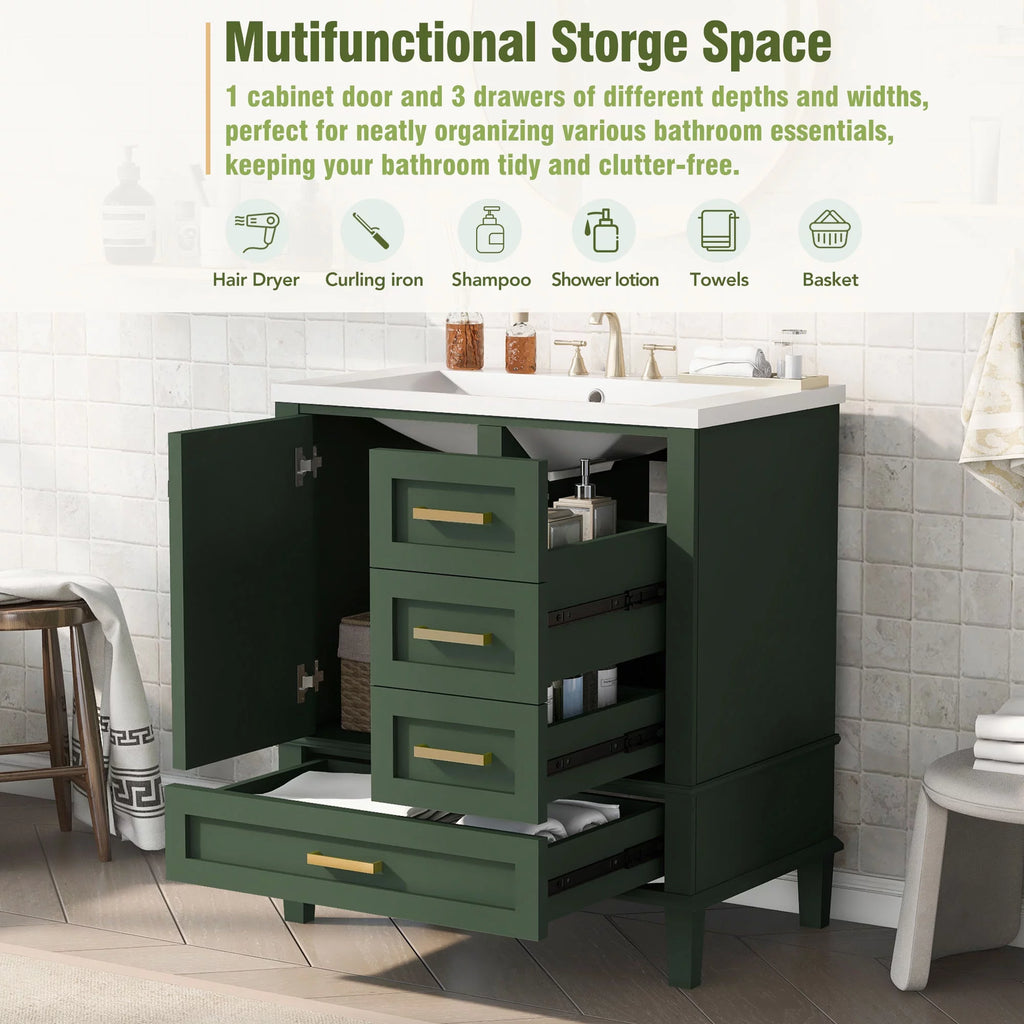 30" Green Solid Wood Bathroom Vanity with Top Basin and 3 Drawers D3415