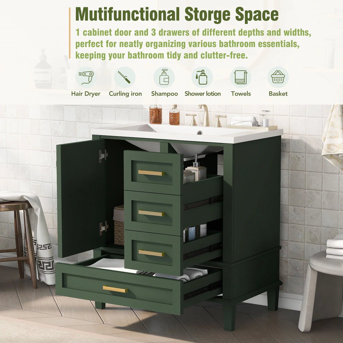30" Green Solid Wood Bathroom Vanity with Top Basin and 3 Drawers D3415