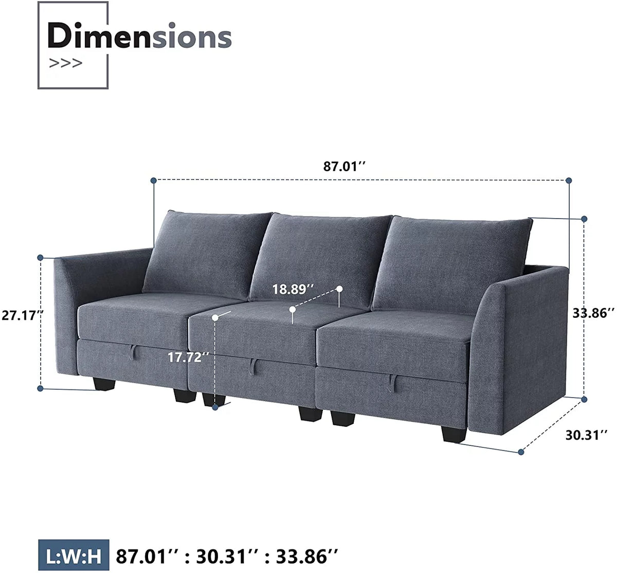 Bluish Gray 3-Seater Sectional Sofa L961333