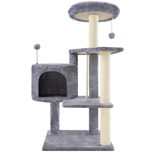 Multifunctional Grey Cat Tree with Condo, Perches, Scratching Posts and Hanging Rope P711065