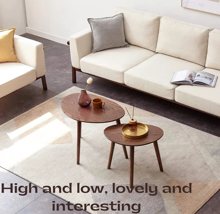 Solid Oak Wood Coffee Table with Pebble Shape, Natural Walnut Wooden Table D178650