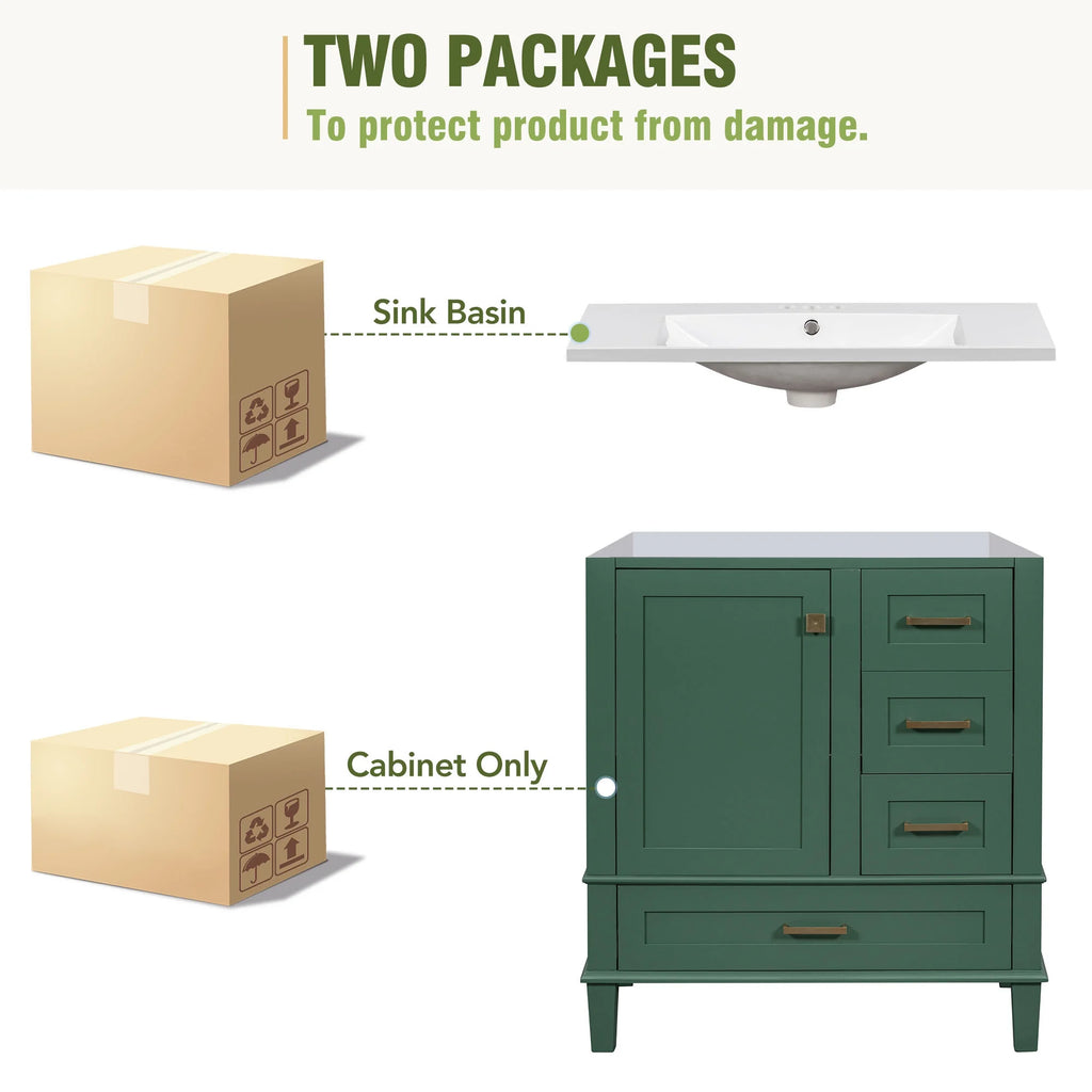 30" Green Solid Wood Bathroom Vanity with Top Basin and 3 Drawers D3415