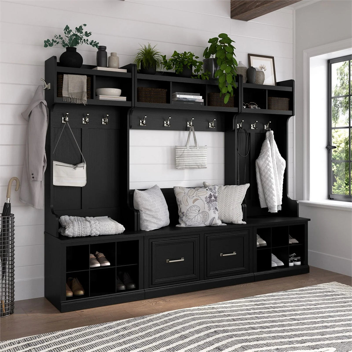 Black Oak Shoe Bench with Drawer B6253