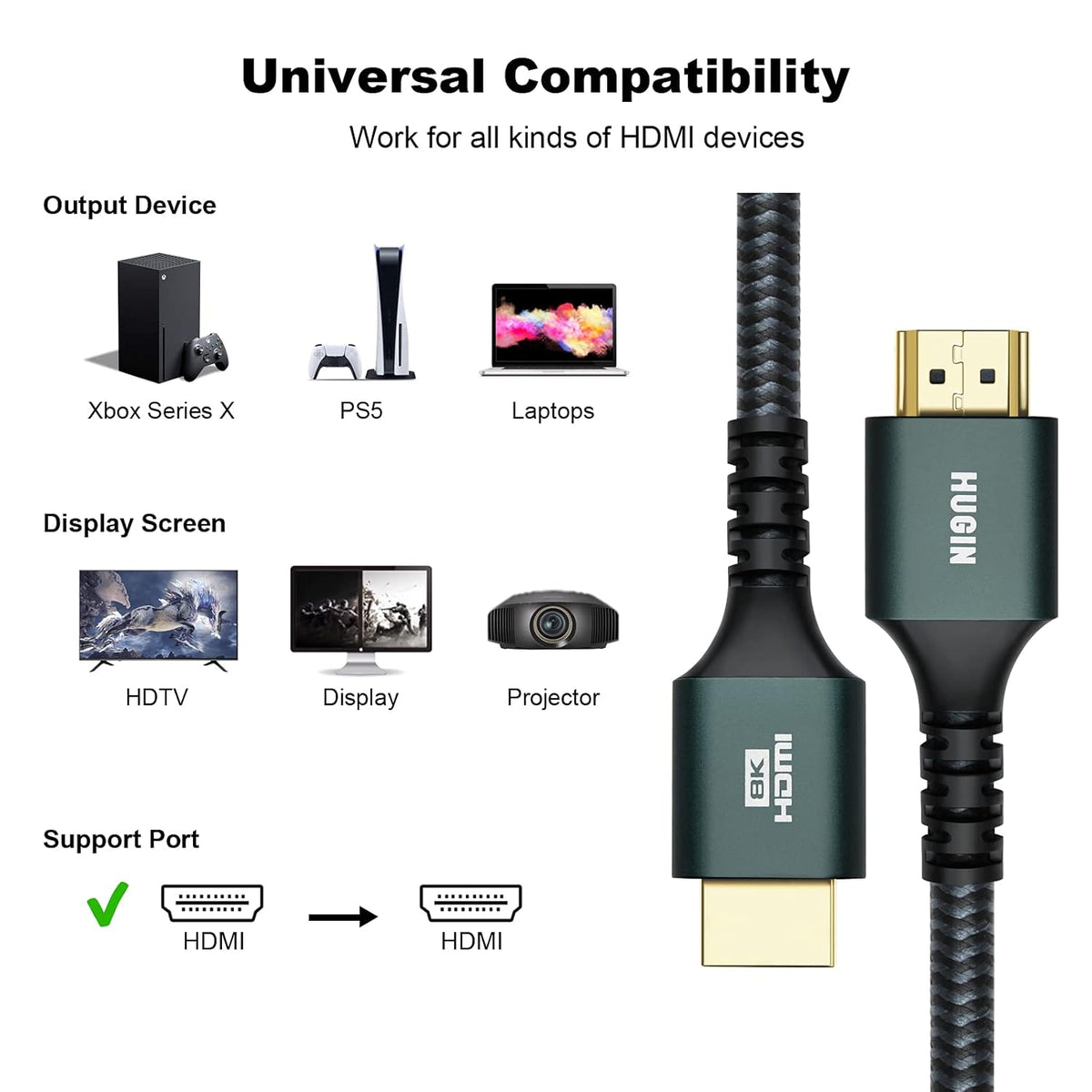 8K HDMI 2.1 Cable, 3FT 2 Pack 48Gbps Nylon Braided J86380