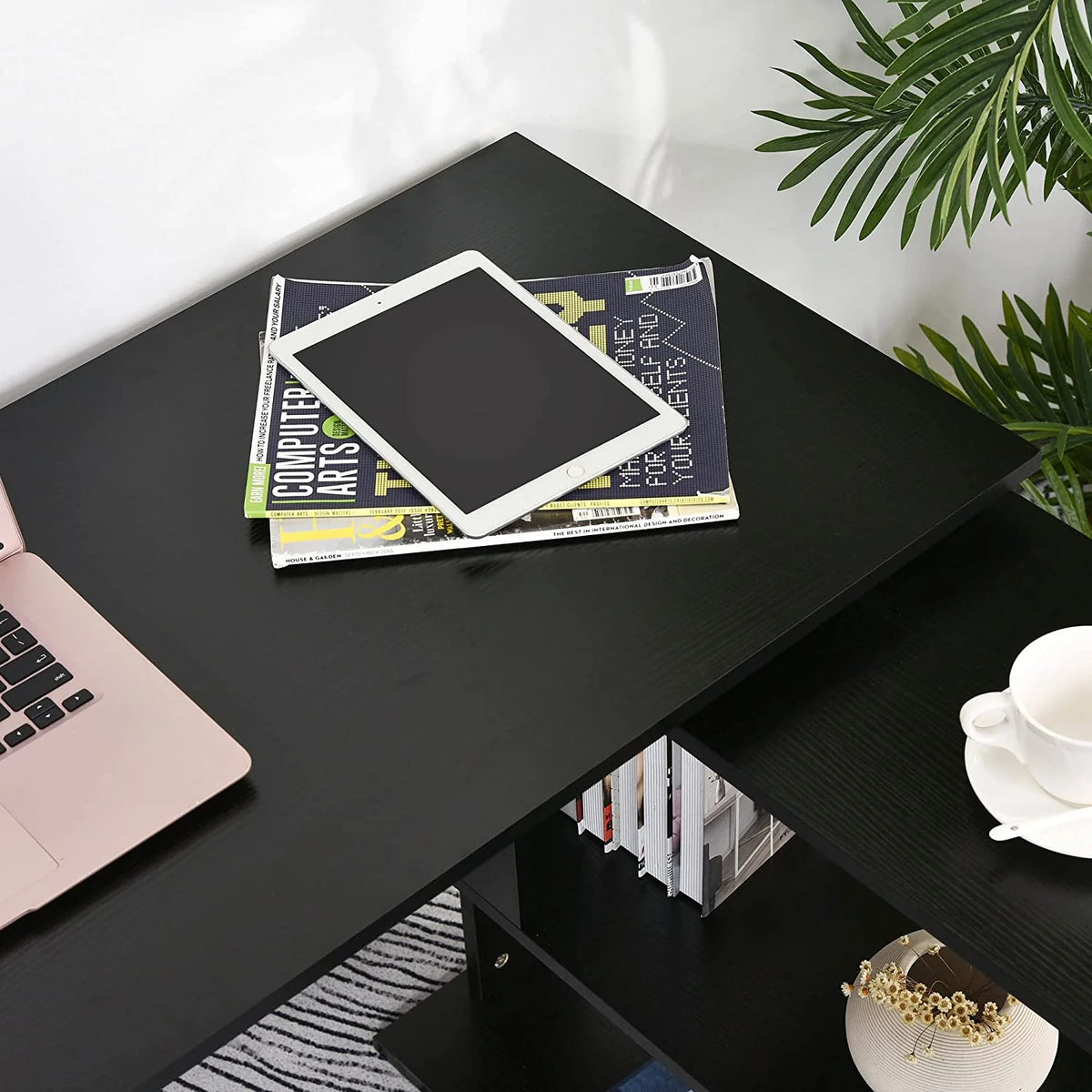 L Shaped Corner Desk with Storage Shelves, Black Z241