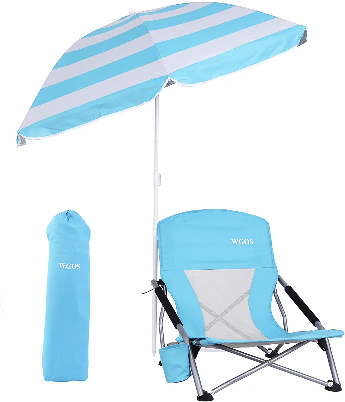 Folding Camping Chair with Detachable Umbrella, Armrests and Cup Holder, Portable Lightweight Sand Chair (1-Pack Blue) W61977