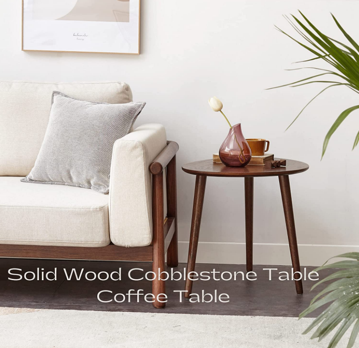 Solid Oak Wood Coffee Table with Pebble Shape, Natural Walnut Wooden Table D178650