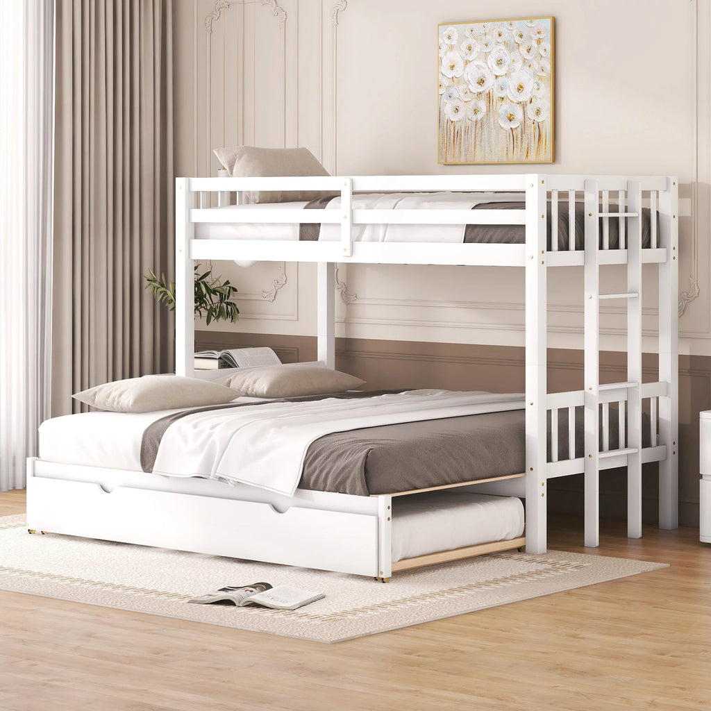 White Solid Wood Twin Over Twin Extendable Bunk Beds with Trundle L587
