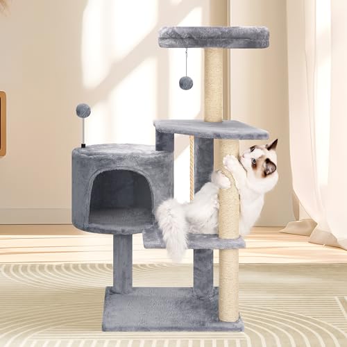 Multifunctional Grey Cat Tree with Condo, Perches, Scratching Posts and Hanging Rope P711065