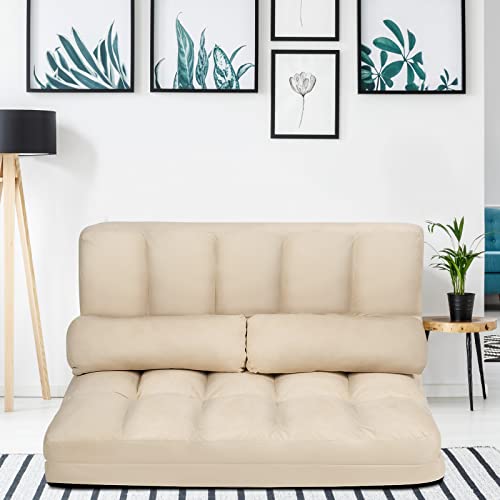 Blue Floor Sofa with 2 Pillows, Foldable 6-Position Adjustable Metal Frame Suede Fabric W423339