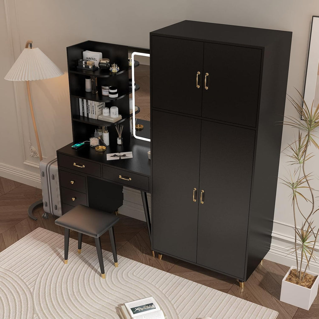 Black Vanity Desk with 4 Door Closet, Lights Mirror, Stool Set, Storage Cabinet 170 x 50 x 185CM V19908