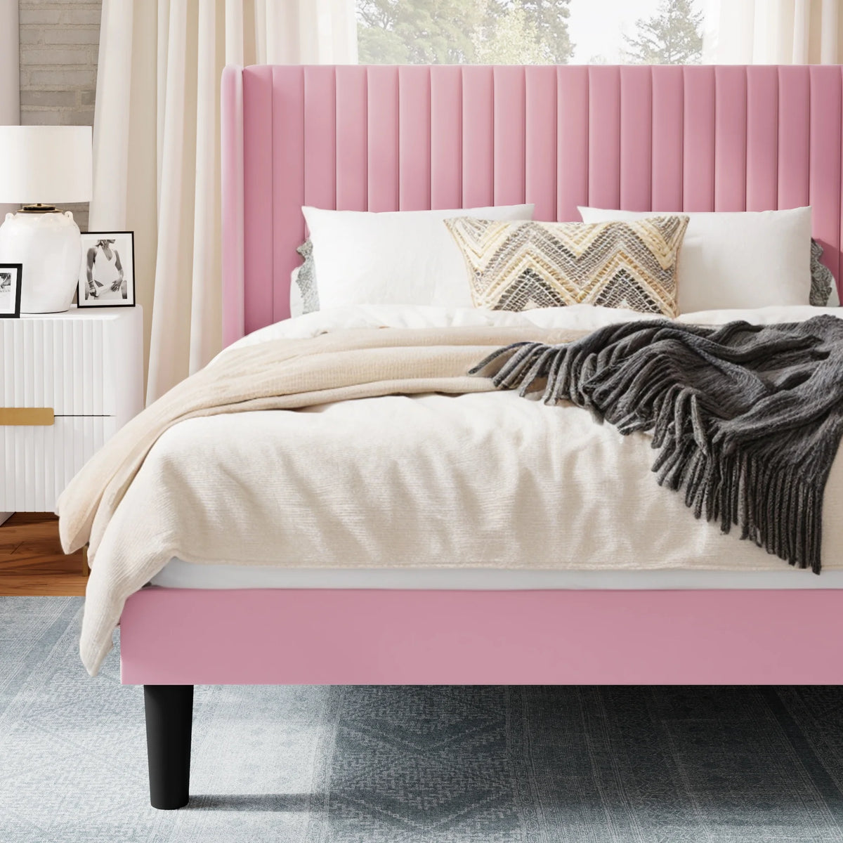 Queen Size Velvet Upholstered Platform Bed Frame D6865