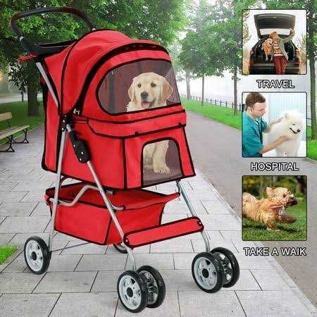 Foldable 4 Wheel Pet Stroller with Storage Basket V1339