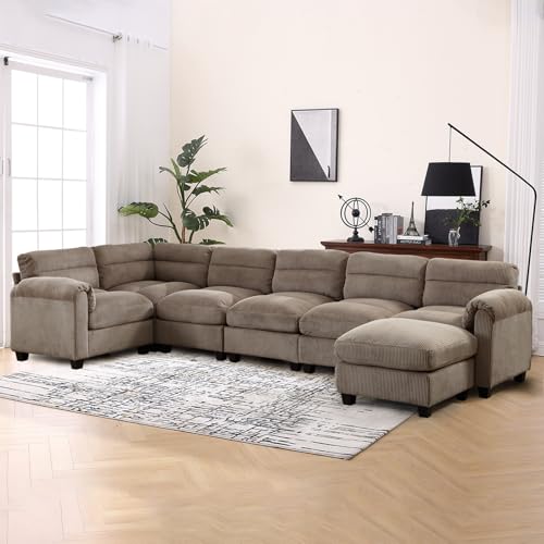 Grey Corduroy L Shaped 6 Seater Sectional Sofa Set Q89745