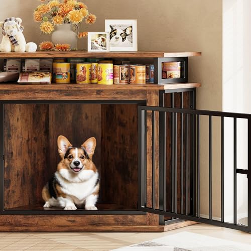 Rustic Brown Corner Wooden Dog Crate with 2-Tier Shelves C660