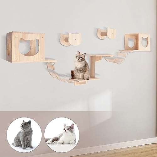 Wall-Mounted Cat Climber Set with Cat Wall Shelves, Scratching Posts, Condo House, Ladder, Perches N673