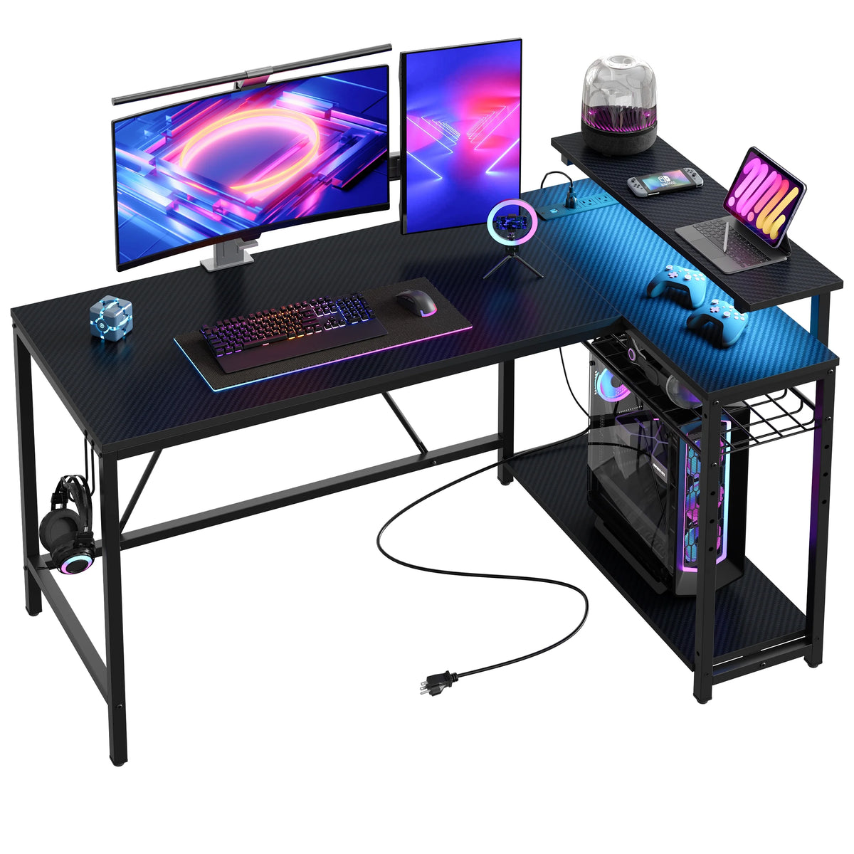 52" L Shaped Gaming Desk with LED Lights and Power Outlet Z8357