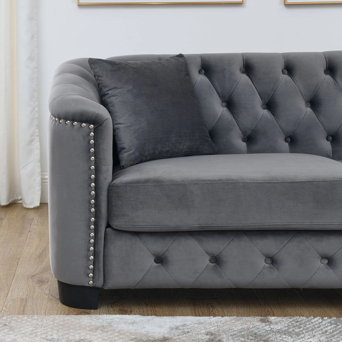 Grey Velvet Small Sofa with 2 Seat Cushions and 2 Throw Pillows U1607