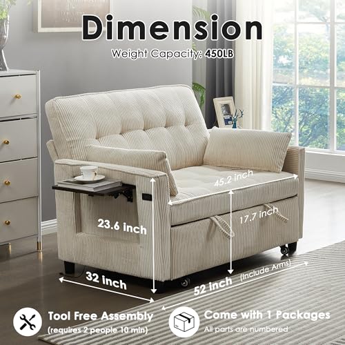 Beige Corduroy Convertible Pull Out Couch with USB Port Y4463