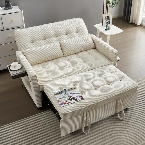 Beige Corduroy Convertible Pull Out Couch with USB Port Y4463