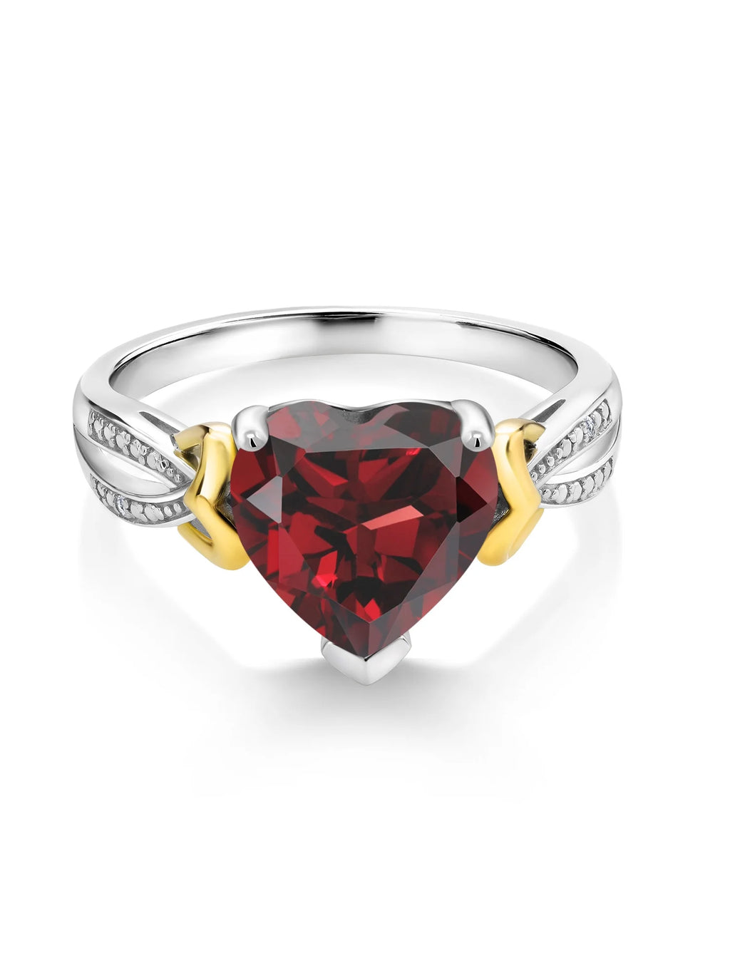 925 Sterling Silver 10K Yellow Gold Red Garnet Diamond Heart Shape Ring D9300