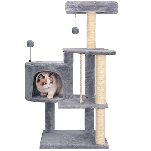 Multifunctional Grey Cat Tree with Condo, Perches, Scratching Posts and Hanging Rope P711065