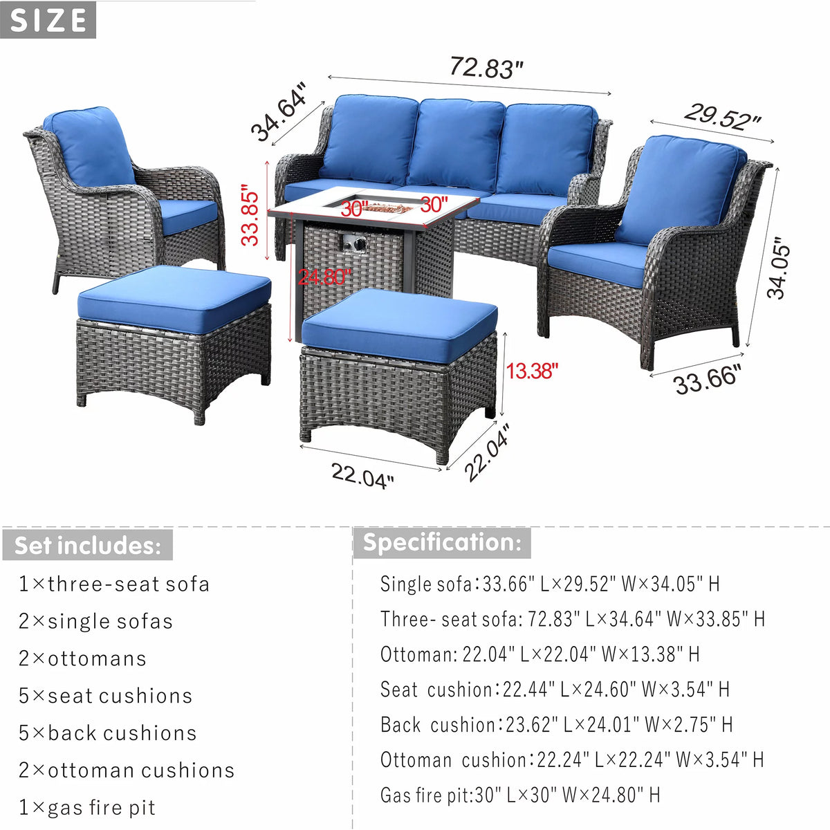 Brown 6 Pieces Outdoor Sectional Sofa with Gas Fire Pit R3401
